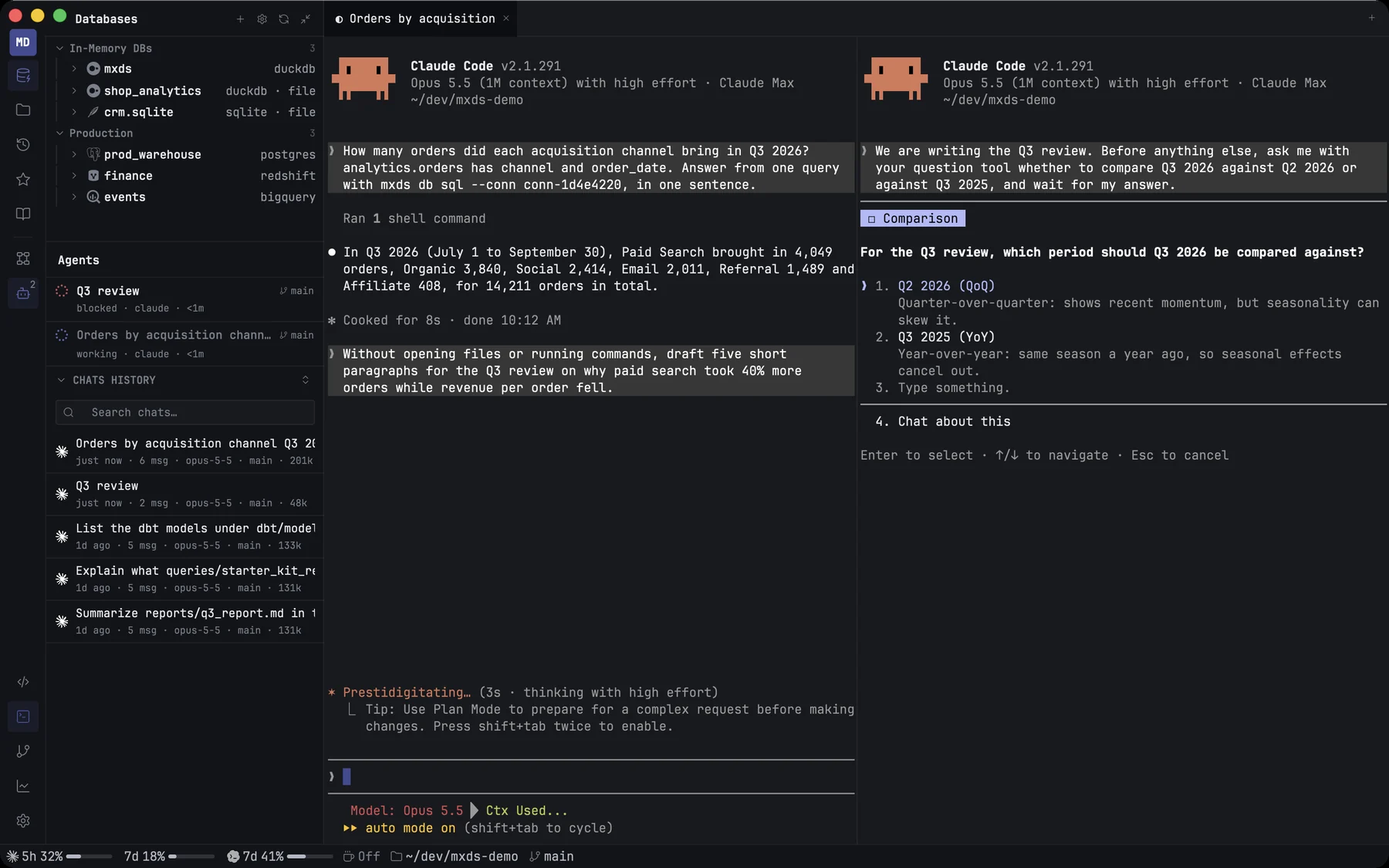 The terminal split between two agents, and the Agents panel showing one working and one blocked