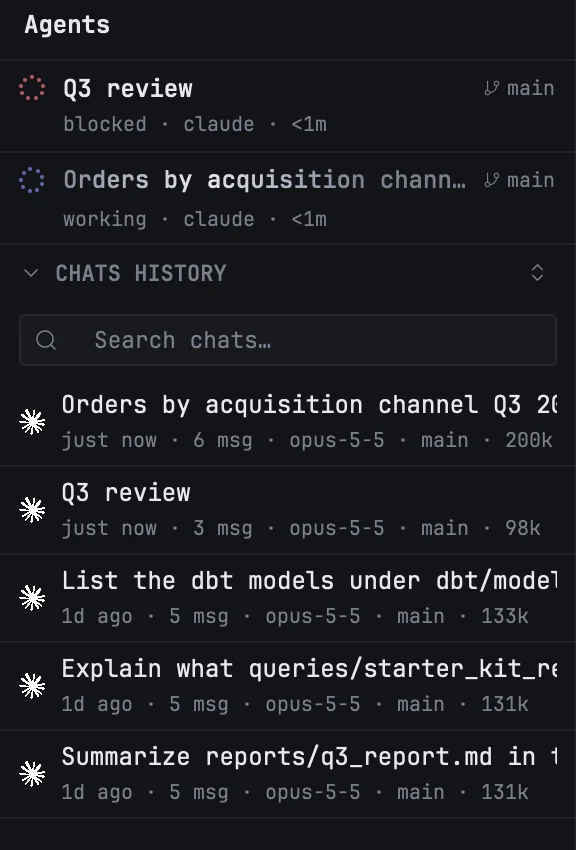 The Agents panel: two live agents above, the chats history below
