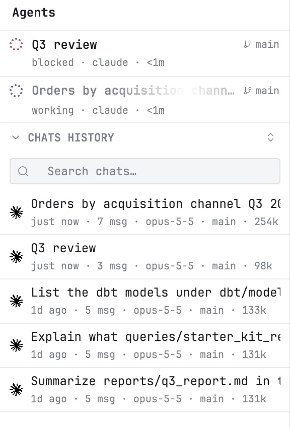 The Agents panel: two live agents above, the chats history below