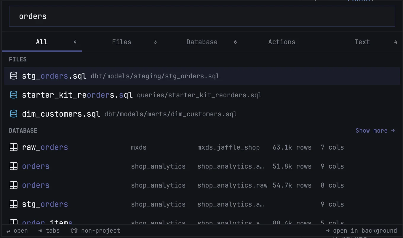 The command palette searching for "orders" across files, tables and file contents