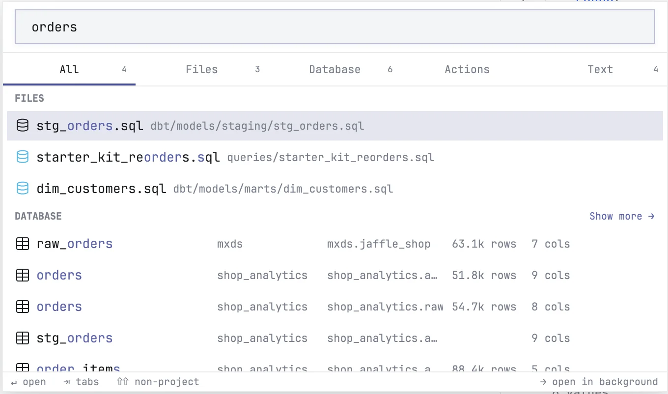The command palette searching for "orders" across files, tables and file contents