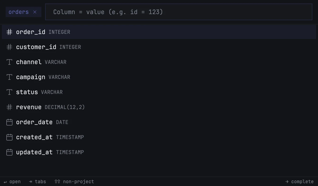 Filter mode on the orders table