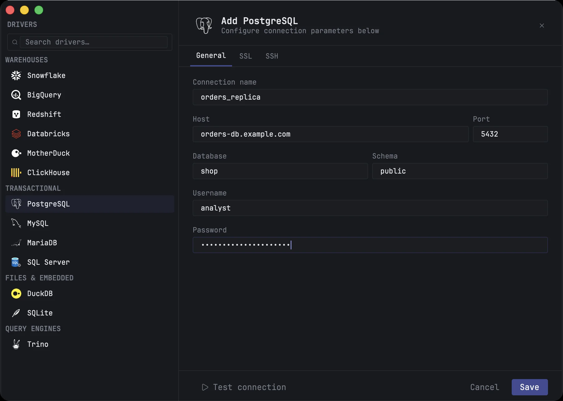 The connection form with PostgreSQL selected