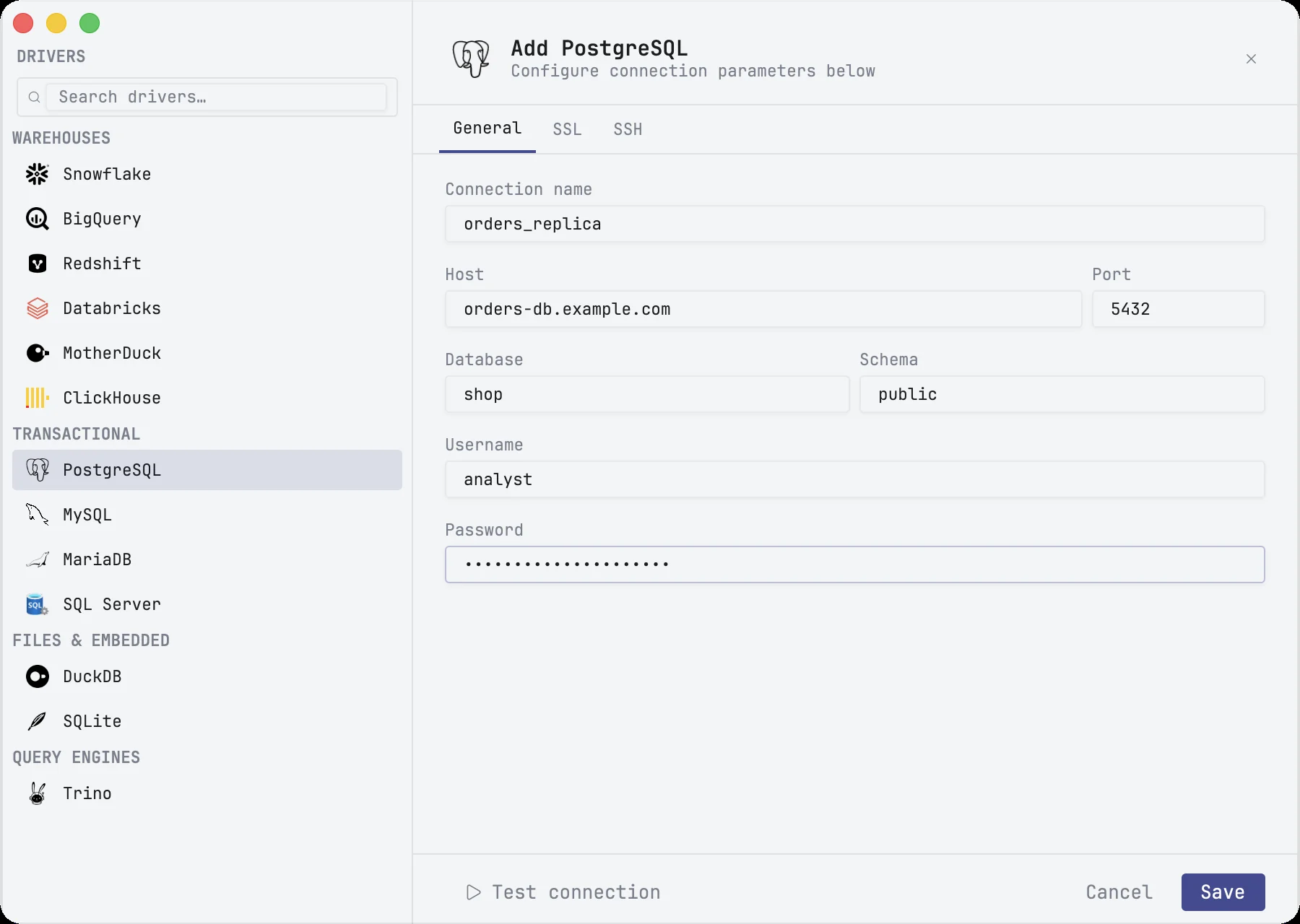 The connection form with PostgreSQL selected