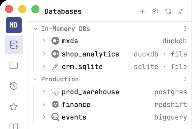 The Databases panel with the In-Memory DBs group and a group of production connections