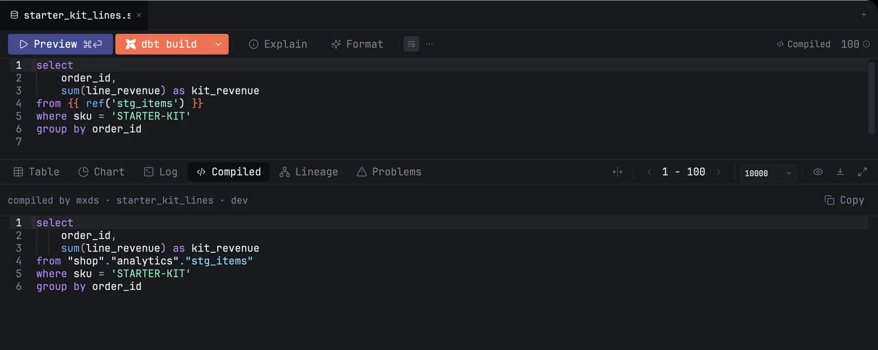 A model tab after Preview, with the Compiled tab open below it