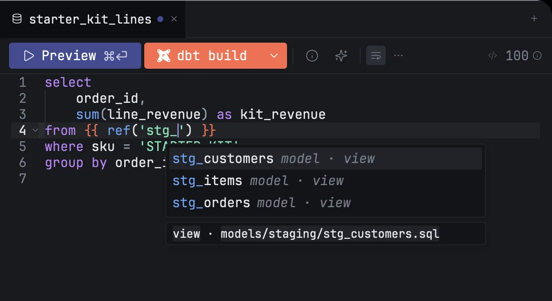 A dbt model tab with the ref() completion list open