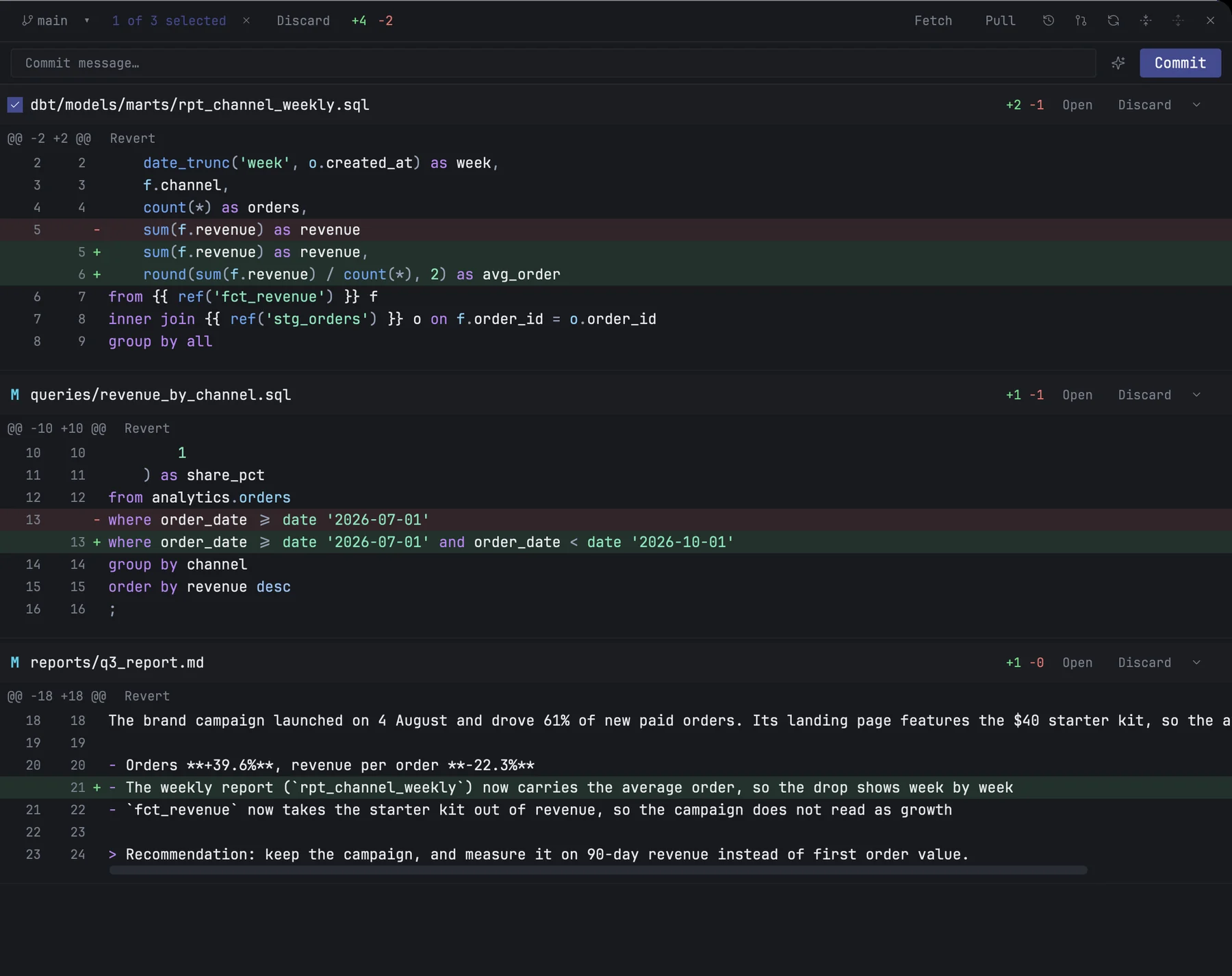 The git view with three changed files, one ticked for commit