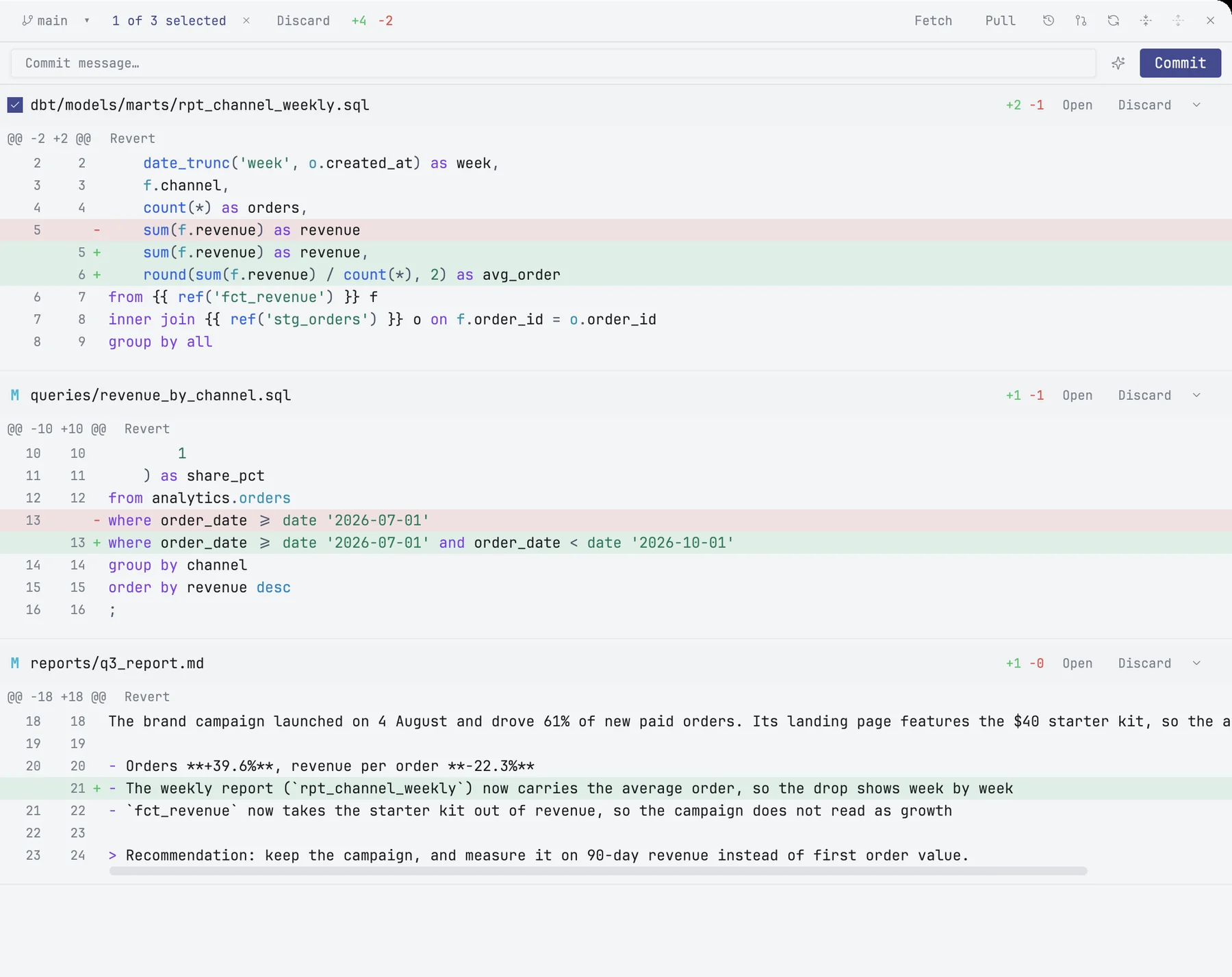 The git view with three changed files, one ticked for commit