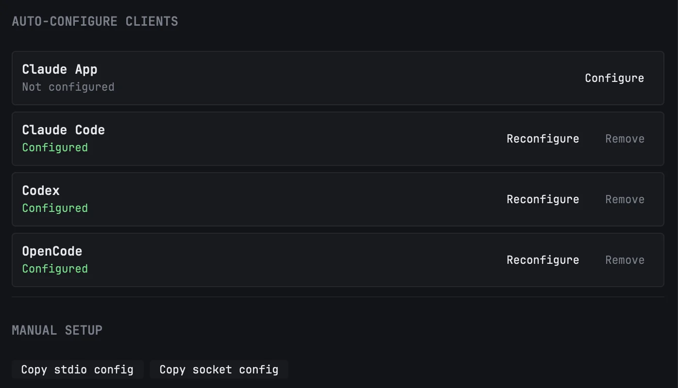 Settings, Integrations & MCP: the clients list with Claude Code configured