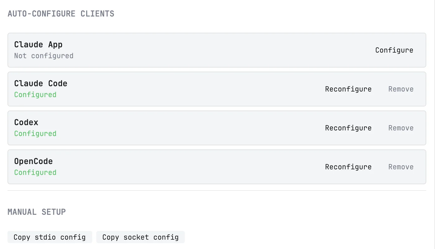 Settings, Integrations & MCP: the clients list with Claude Code configured
