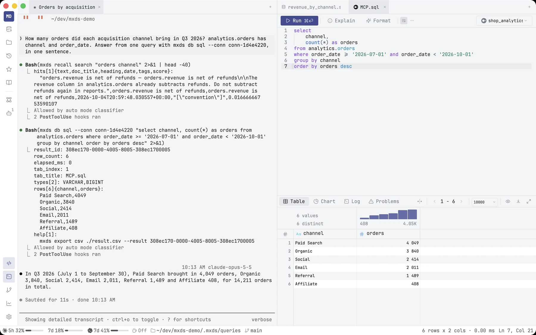 An agent in the terminal running mxds db sql, and the query open in a SQL tab