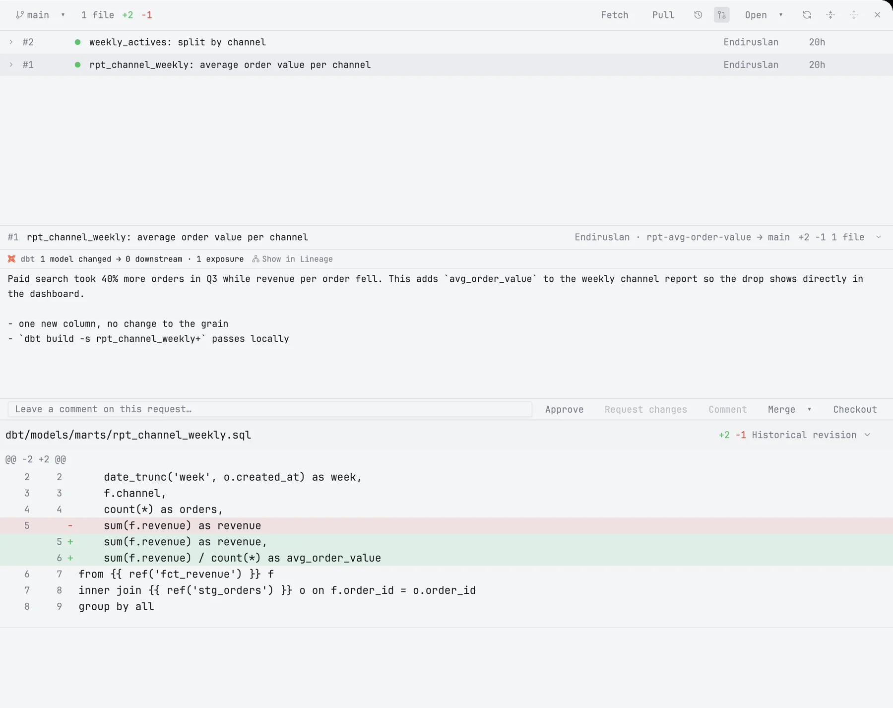 The pull request screen with one request selected and its review band
