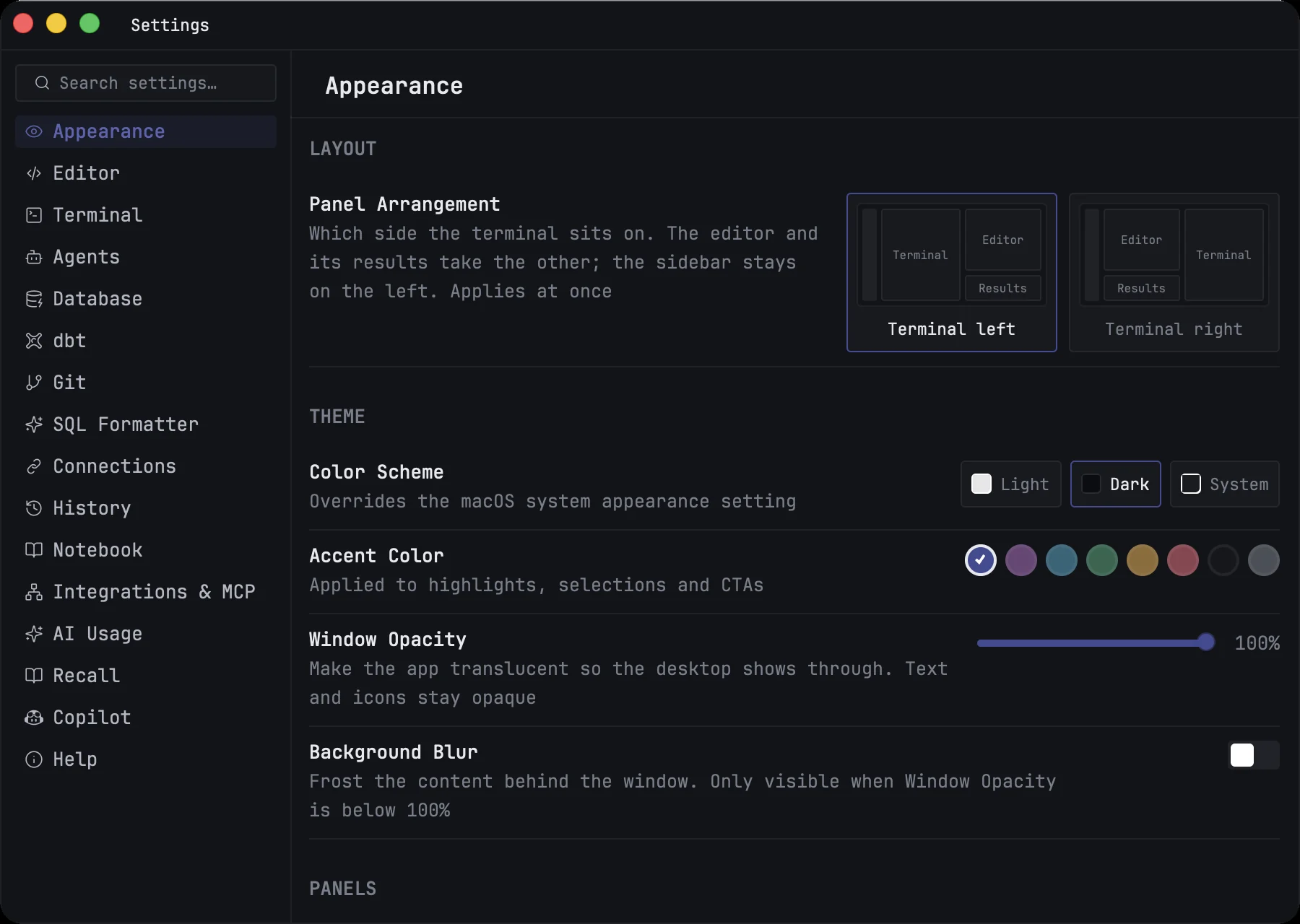 The Settings window on the Appearance page