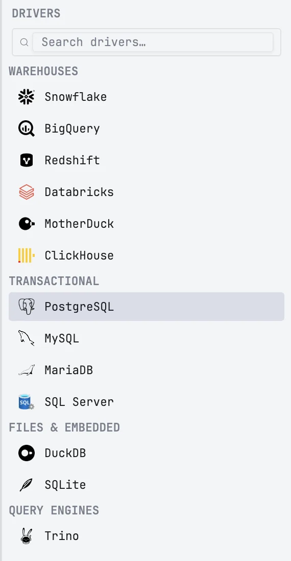 The list of databases in the connection form