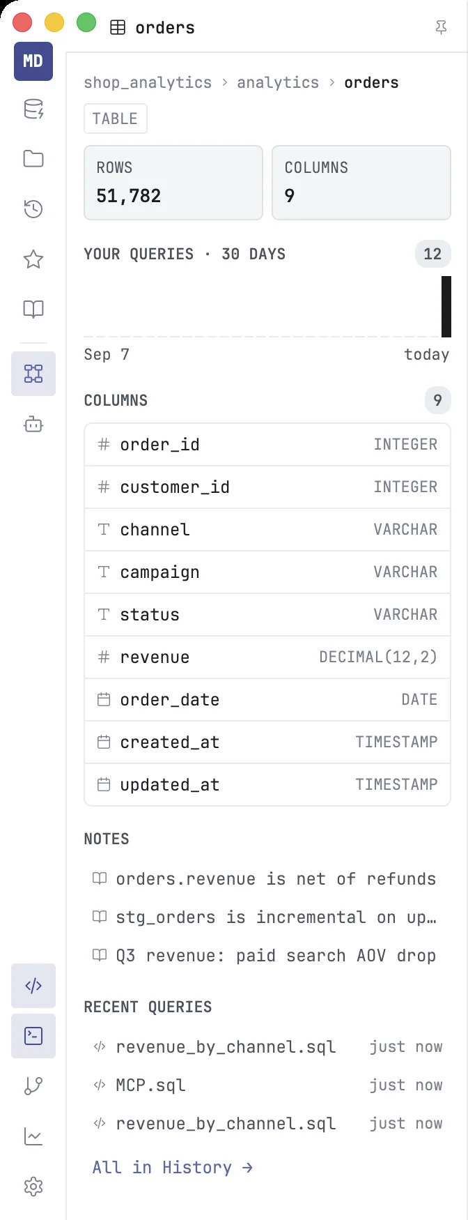 The Schema panel showing the orders table