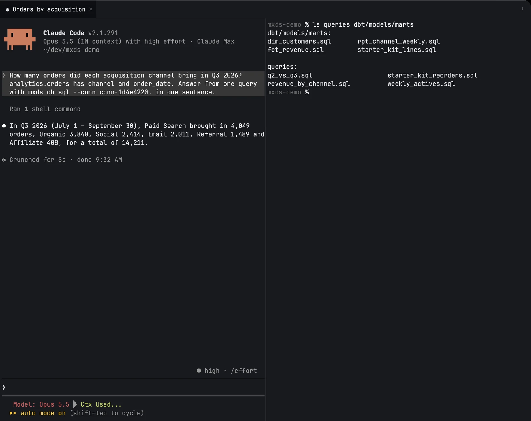 The terminal with two splits: Claude Code on the left, a shell on the right